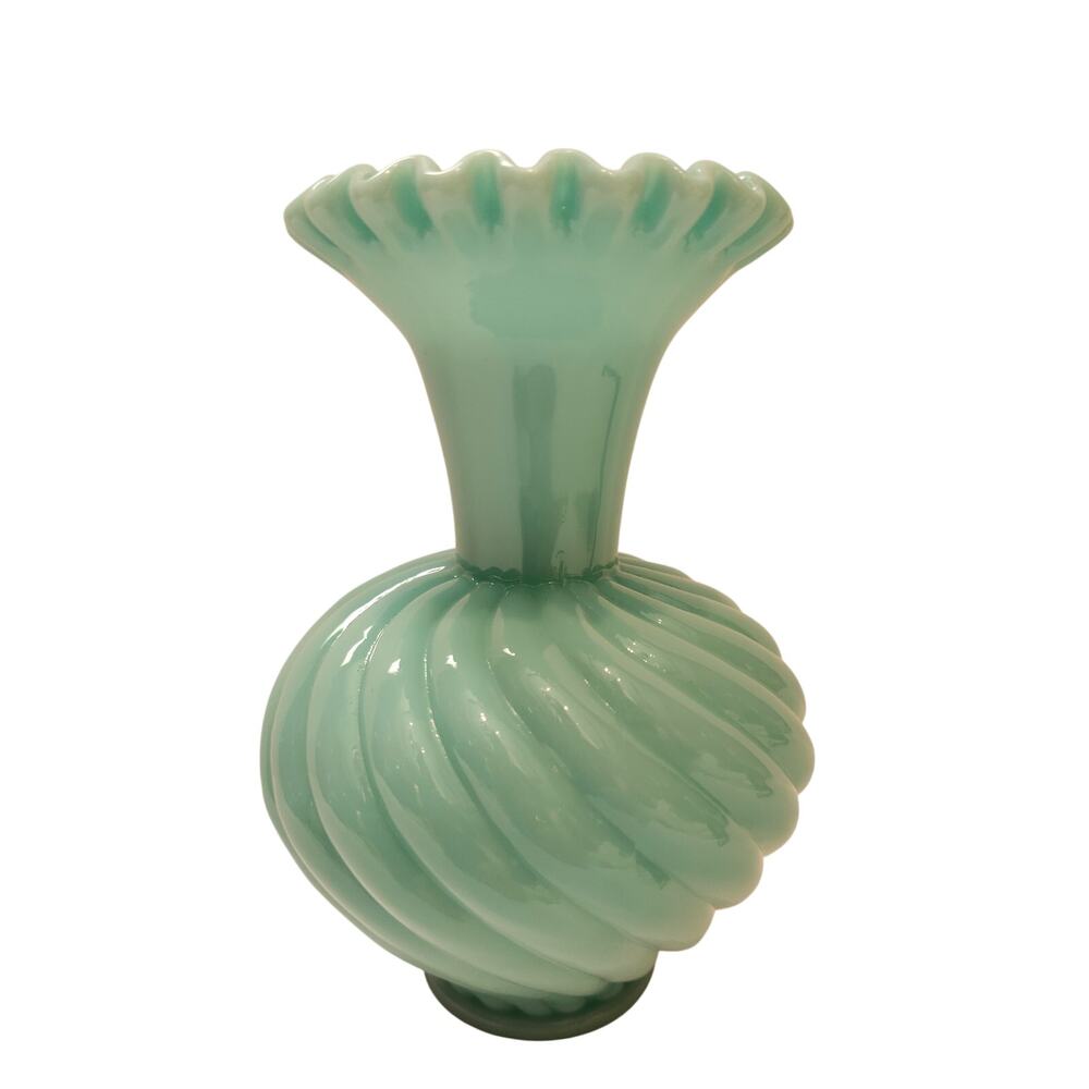 Fenton Pastel Teal Blue Green Melon Swirl Crimped Vase